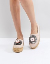 Dune - Espadrilles scamosciate rosa con fiore decorato in rafia - Rosa