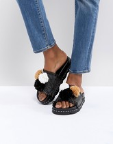 SixtySeven - Belle - Slider in rafia neri con pompon - Nero