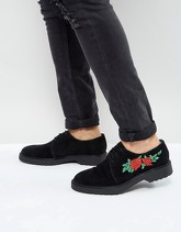 ASOS - Scarpe derby stringate nero scamosciato con rose ricamate - Nero