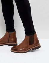 Pier One - Stivaletti Chelsea stile brogue in pelle cuoio - Cuoio