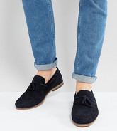 ASOS - Mocassini blu navy scamosciati a pianta larga con nappe, frange e suola naturale - Navy