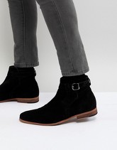 ASOS - Stivaletti Chelsea neri in pelle scamosciata nera con cinturino e suola naturale - Nero