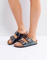 Birkenstock - Arizona Birko - Sandali piatti lucidi effetto serpente stretti - Nero