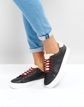 New Look - Scarpe da ginnastica stringate in pelliccia sintetica - Nero