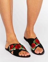 ASOS - FOLKLORE - Slider ricamate in pelle scamosciata - Nero