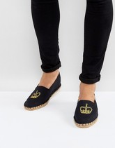 ASOS - Espadrillas di tela nere con corona ricamata - Nero