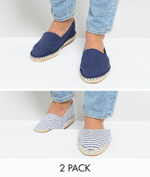 ASOS - Confezione da 2 paia di espadrillas di tela blu navy e blu rigato - RISPARMIA - Navy